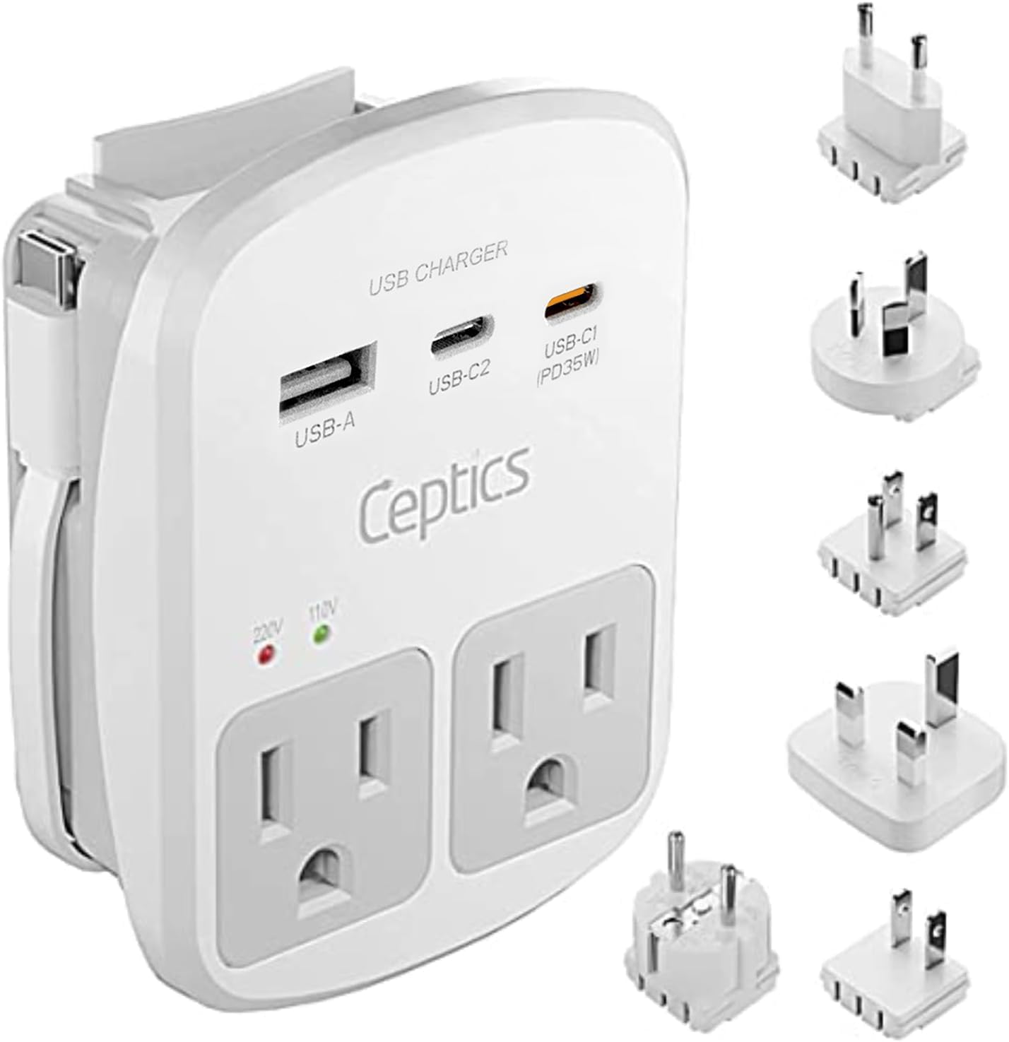 Ceptics Universal Travel Adapter Kit – 2 USA sockets, 1x USB-A & C, 1x PD 35W Type C port and cable, Surge Protected, Plugs for EU, UK, China, AU, Japan - Use with Laptop, Phones, Cameras - ETL Tested