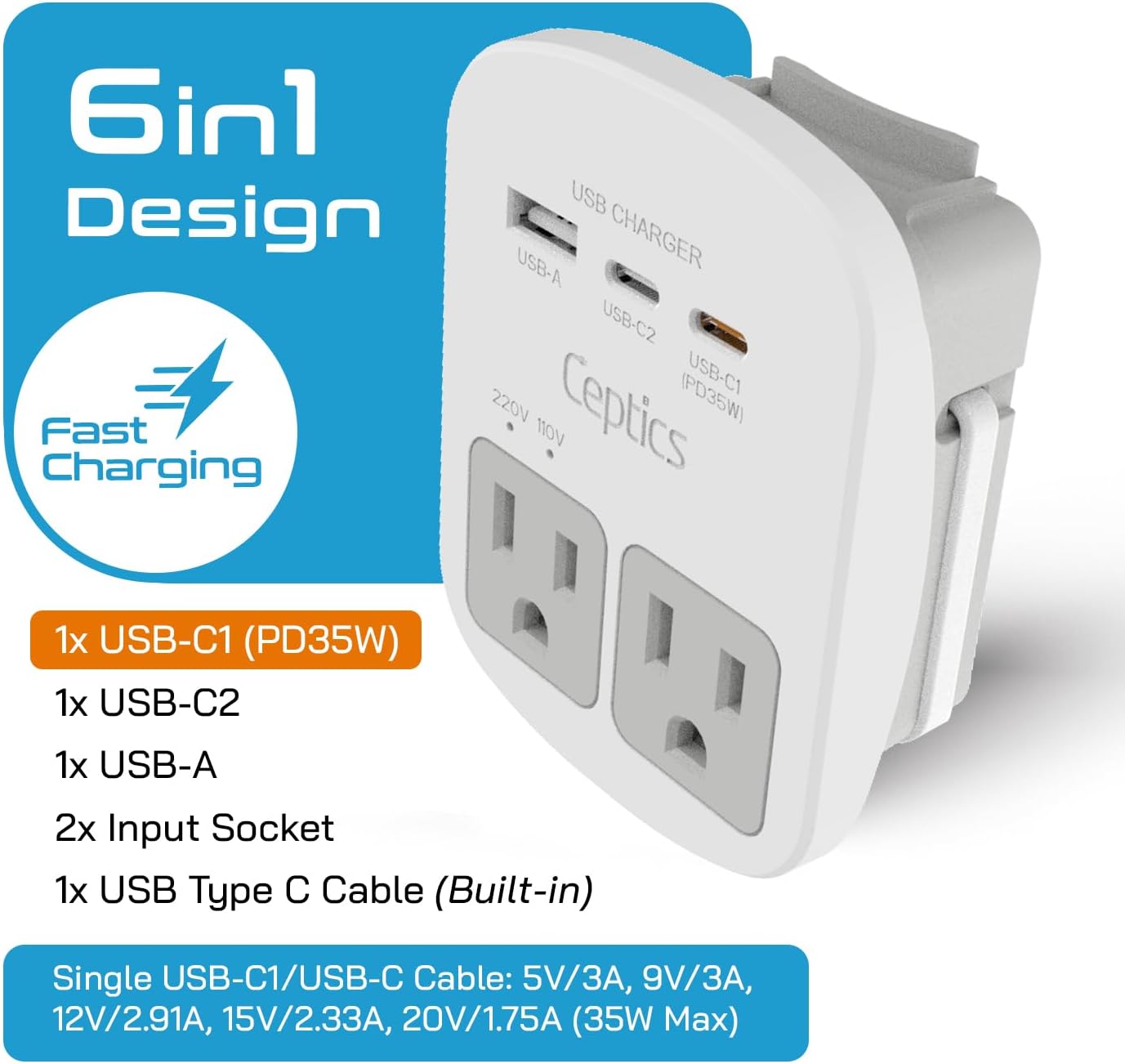 Ceptics Universal Travel Adapter Kit – 2 USA sockets, 1x USB-A & C, 1x PD 35W Type C port and cable, Surge Protected, Plugs for EU, UK, China, AU, Japan - Use with Laptop, Phones, Cameras - ETL Tested - Image 2