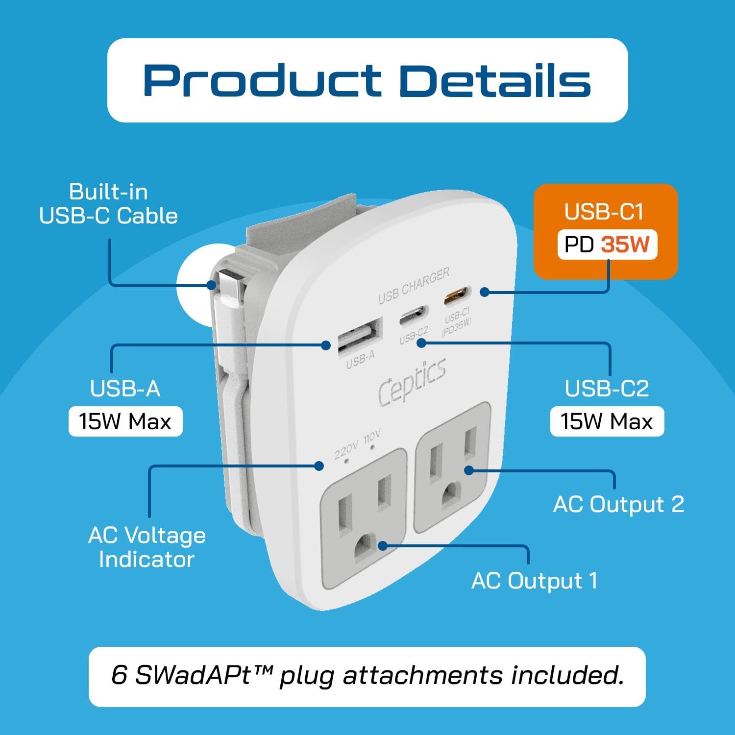 Ceptics Universal Travel Adapter Kit – 2 USA sockets, 1x USB-A & C, 1x PD 35W Type C port and cable, Surge Protected, Plugs for EU, UK, China, AU, Japan - Use with Laptop, Phones, Cameras - ETL Tested - Image 3