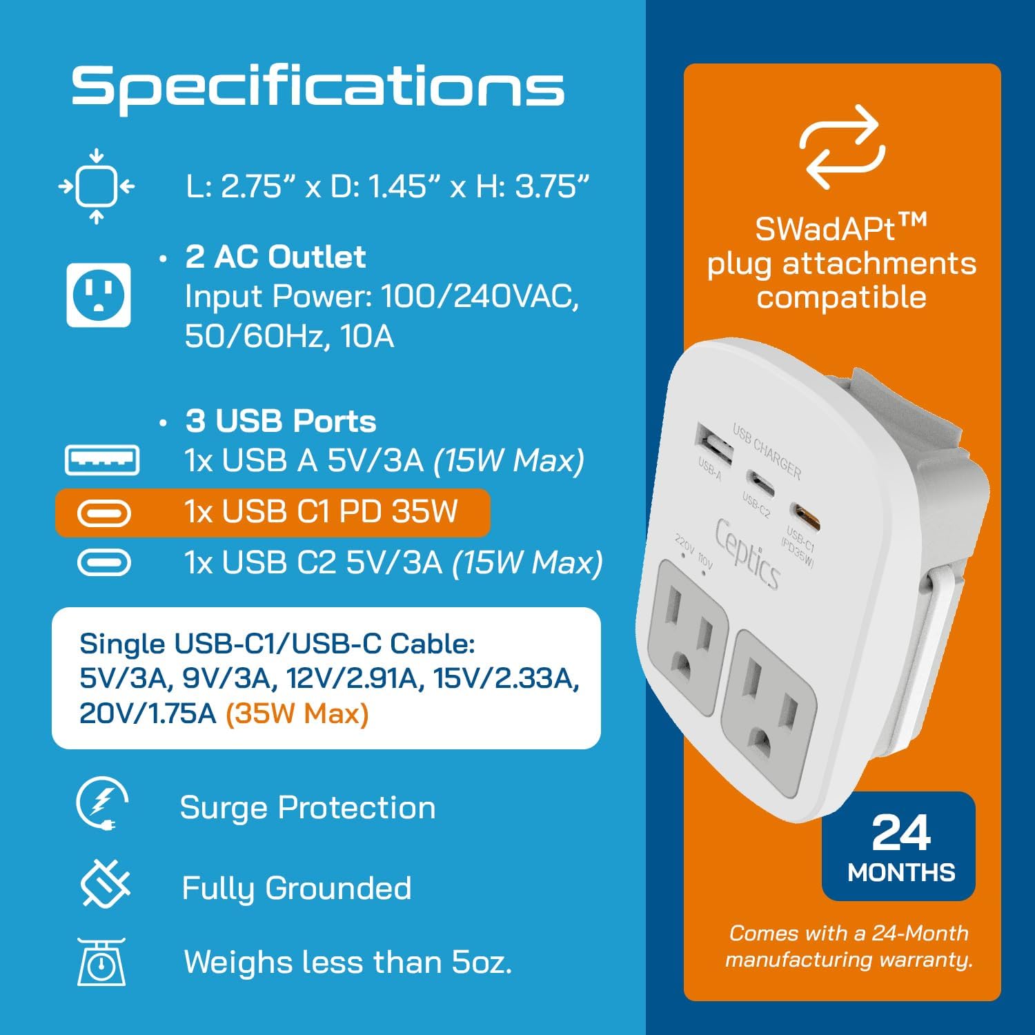 Ceptics Universal Travel Adapter Kit – 2 USA sockets, 1x USB-A & C, 1x PD 35W Type C port and cable, Surge Protected, Plugs for EU, UK, China, AU, Japan - Use with Laptop, Phones, Cameras - ETL Tested - Image 4