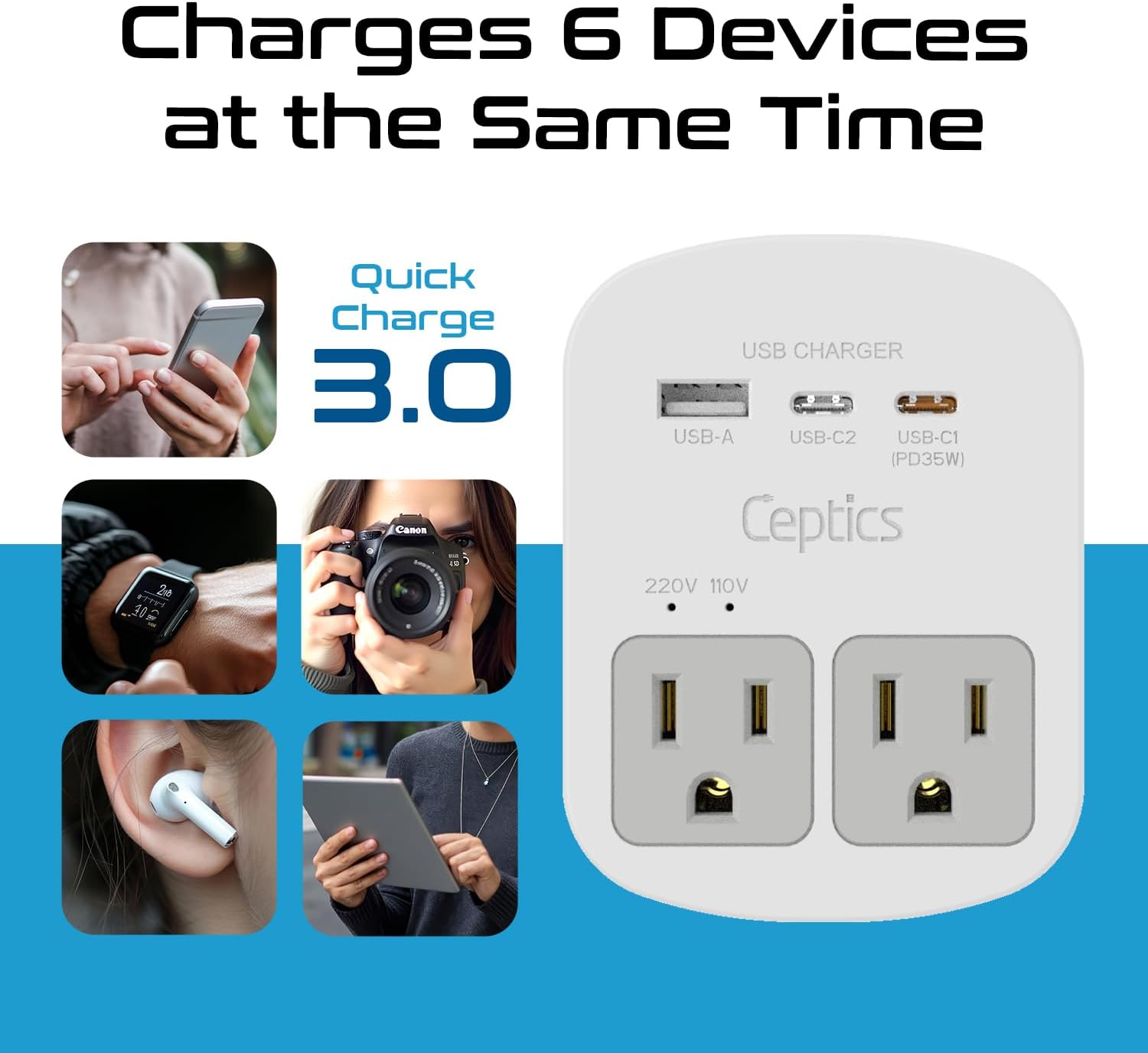 Ceptics Universal Travel Adapter Kit – 2 USA sockets, 1x USB-A & C, 1x PD 35W Type C port and cable, Surge Protected, Plugs for EU, UK, China, AU, Japan - Use with Laptop, Phones, Cameras - ETL Tested - Image 9