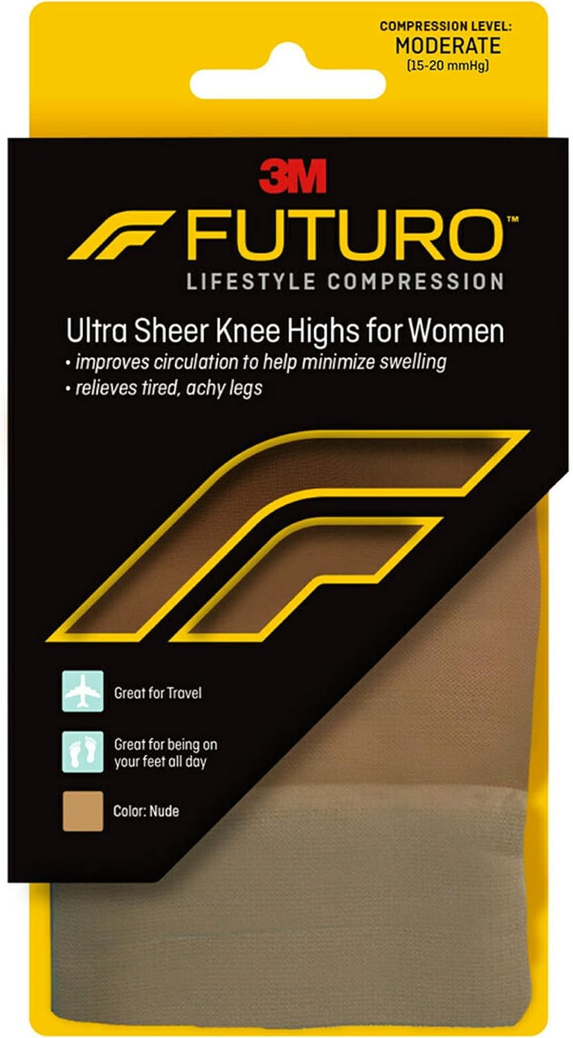 FUTURO Ultra Sheer Knee Highs for Women, Nude, 71060EN, Medium, Moderate (15-20 mm/Hg)