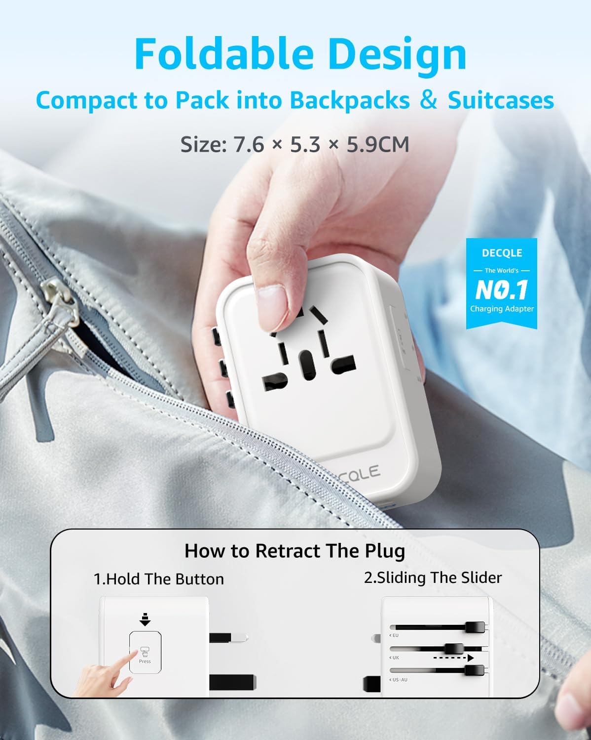 Universal Travel Adapter, International Travel Plug Adapter with 2 USB-C(PD 20W) & 1 USB-A Ports, All in One Portable Adaptor, for USA, UK, EU, AU & 224+ Countries (White) US - Image 4